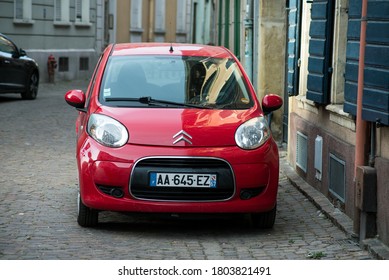 Mulhouse - France - 27 August 2020 - Front View Of Red Citroen C1 Parked In The Street