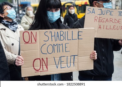 Mulhouse - France - 27 September 2020 - Portrait Of Women Protesting With Mini Skirts Against The Sexual Harassment In The Street