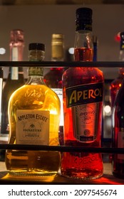 Mulhouse - France - 28 December 2021 - Closeup Of Aperol Spritz Bottle In Bar