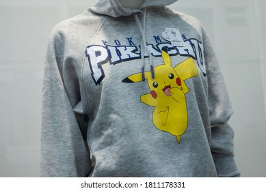 Mulhouse - France - 6 September 2020 - Closeup Of Pikachu Manga Character On Grey Sweat Shirt On Mannequin In Fashion Store Showroom For Women 