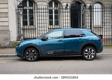 Mulhouse - France - 9 January 2021 - Profile View Of Blue Citroen C4 Cactus SUV Parked In The Street