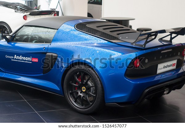 Mulhouse - France - 9 October 2019 -\
Closeup of blue Lotus exige rear view  at retailer\
showroom