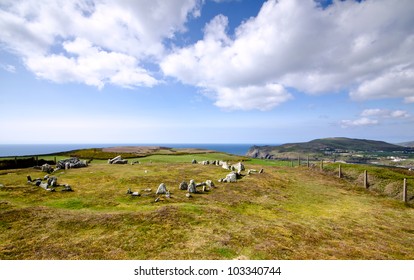 Mull Hill Stone Circle Overlooking Port Erin and Brada Head - Isle of Man on a bright sunny day.