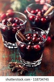 Mulled Wine With Cranberries, Anise And Cinnamon For Christmas. Home Made Drinks. 