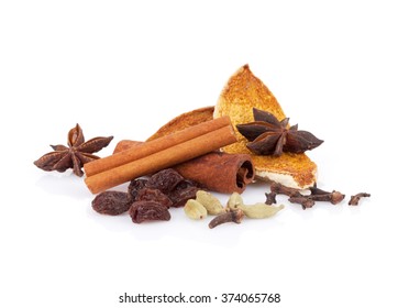 Mulled Wine Spice Ingredients. Isolated On White Background