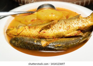 Mullet Fish Curry Orange In White Dish, Thai Southern Food