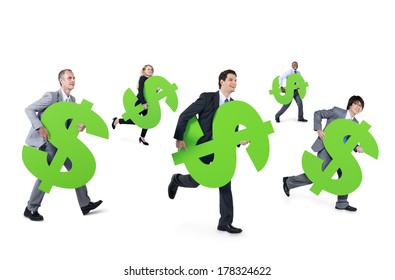 Mullti-ethnic Group of Business People Running With Dollar Signs