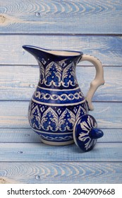 Multani blue pottery decorative jug  with Kashikari art,GOGLET, ewer,flagon, Lid lying - Shutterstock ID 2040909668
