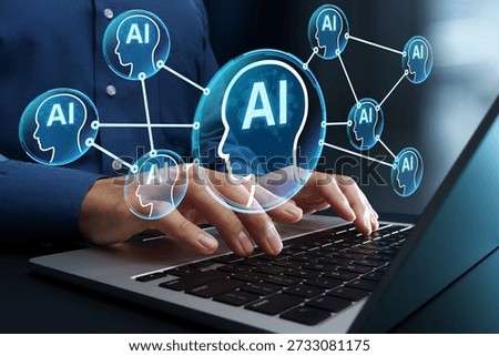 Multi agent AI orchestration system. Agent communication and collaboration. Businessman using AI agent coordination platform on laptop computer.