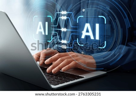 Multi AI agent orchestration system. Automated collaborative network technology. Businessman using intelligent automation tool on laptop computer.