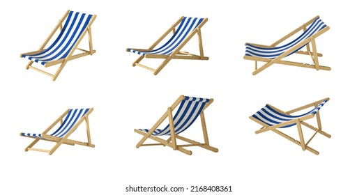 multi angle beach chair or beach loungers with blue and white color cloth isolated on white background.