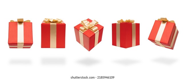 multi angle red gift box isolated with gold satin bow ribbon fly in air on white background.festive holiday christmas,happy new years,mother day,wedding celebration,birth day shopping luxury present.