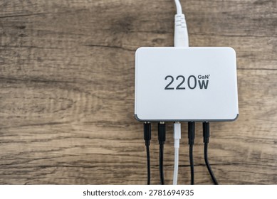 Multi charger with multiple outputs of different types in photo co copyspace