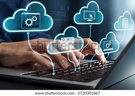Multi cloud computing. Connecting to cloud service servers. Businessman using laptop computer with SaaS application.