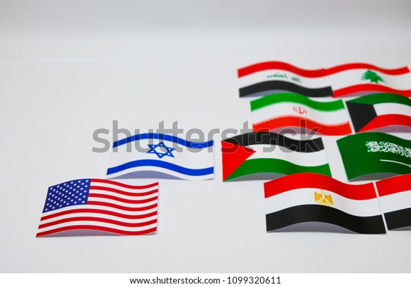Multi color flags of Israel and Palestine on\
white background which it are supported by United state and Arab\
country group such as Iran Kuwait\
.