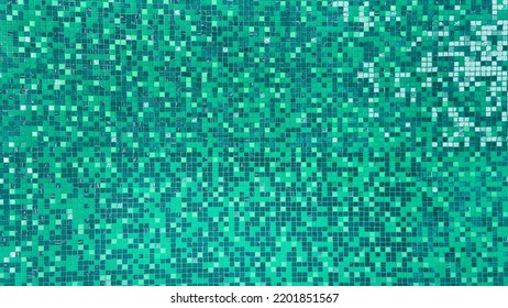 Multi Color Of Green Turquoise Texture Pool Tile. Green And White Mosaic Floor Tile For Swimming Pool Finishing. Summer Concept Background. Texture Of Water Surface In Overhead View.