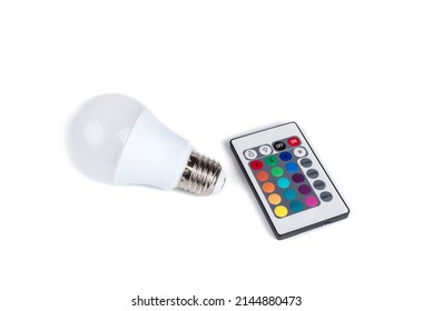 Multi Color Led Bulb With A Remote Control  On A White Background