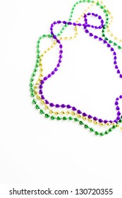 Multi Color Mardi Gras Beads On White Background.