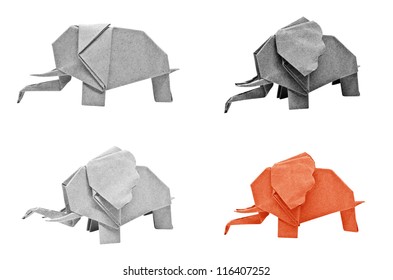 Multi color origami elephant isolated on a white background.