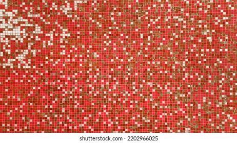 Multi Color Of Red Texture Pool Tile. Red, Orange And White Mosaic Floor Tile For Swimming Pool Finishing. Summer Concept Background. Texture Of Floor Tile Surface In Overhead View.