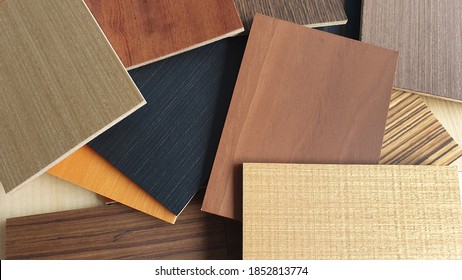 Multi Color And Texture Of Wooden Veneer Samples Used For Interior Material Concept Background Such As Dark Wood, Oak ,douglas Fir, Burnt Sienna ,hickory ,maple ,ash ,american Walnut Wood Textures.