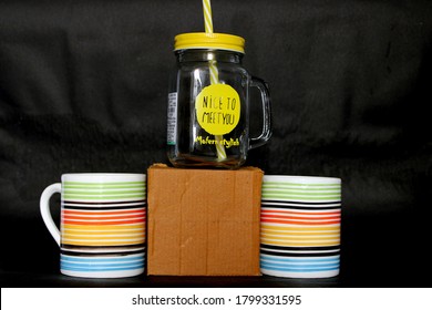 Multi color two cups and one juice jar with sipper straw