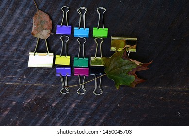 Multi Colored Binder Clips With Leaves On Barn Board