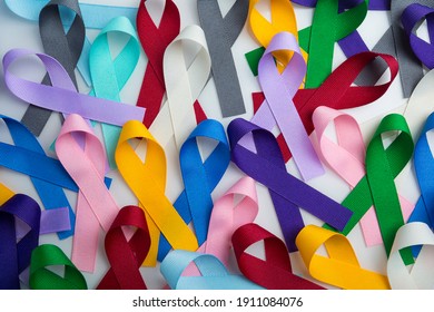 Multi Colored Cancer Ribbon Background. Proudly Worn By Patients, Supporters And Survivors For World Cancer Day. Bringing Awareness To All Types Of Cancer