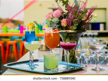 Multi colored Christmas New Year Drinks cocktails and wine