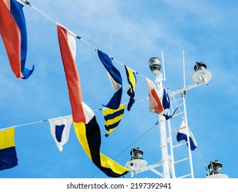 Multi Colored Flags Mast Of The Ship. Flag Decoration