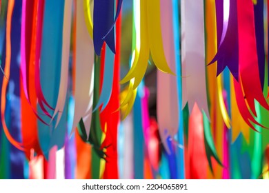 Multi Colored Ribbon Backdrops Are Hung To Represent Lgbtq Community To Call For Queer Equality And Rainbow Backdrop Formed By Multi Colored Ribbons And Copy Space For Messages. LGBT Concept