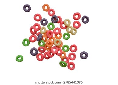 Multi colored ring shaped cereal loops for breakfast on a white background.