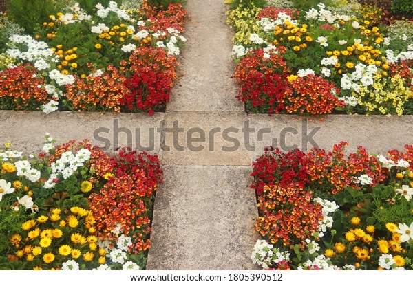 multi\
colored symmetric flower beds divided by\
footpaths