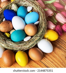multi colors painted easter eggs in colors flag of ukraine yellow and blue. Happy Easter holiday card	
