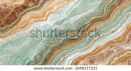 Multi Coloured Marble Texture Background, Natural Rough Stone With Brown, Gold and Aqua Green Colours, Wavy and Curly Huge Colourful Veins, Mineral Gemstone Pattern for Ceramic Tiles Design