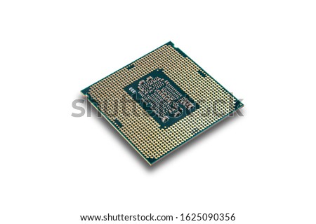 Multi core CPU isolated on white background. PC assembly or upgrade on modern chipset. Electronic concept with processor