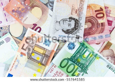 Multi currency note indicating world economy and critical fuel price Foto stock © 