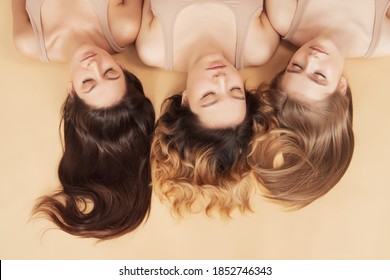 Multi Ethnic Beauty Or Interracial Friendship. Caucasian, Asian Group Of Beautiful Woman With Different Types Of Hair.