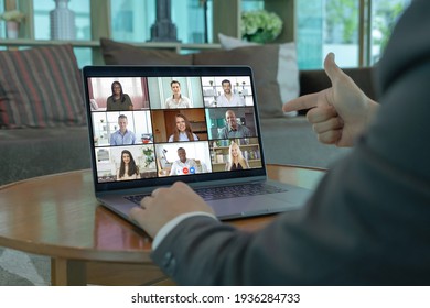 Multi Ethnic Group Of Business People Working From Home And Office, Talking To Colleagues In Webcam Group Video Call Conference Technology On Screen Online In Quarantine In Corona Virus Pandemic. Team