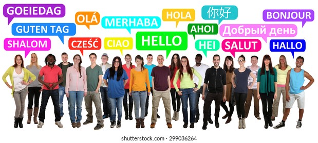 Multi Ethnic Group Of Smiling Young People Saying Hello In Different Languages