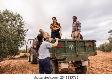 Multi ethnic and multigenerational farmers working together, harvesting olives in an olive grove, using a tractor and trailer, discussing the olive collection process - Powered by Shutterstock