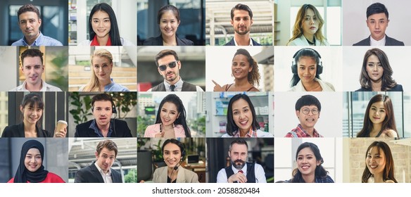 Multi Ethnic People Of Different Age Looking At Camera Collage Mosaic Video Conference, . Many Lot Of Multiracial Business People Group Smiling Faces Headshot Portraits.