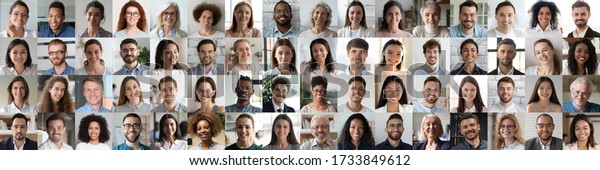 Multi ethnic people of different age looking at\
camera collage mosaic horizontal banner. Many lot of multiracial\
business people group smiling faces headshot portraits. Wide\
panoramic header design.