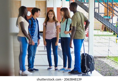 Multi ethnic schoolmates talking in the school hallway.