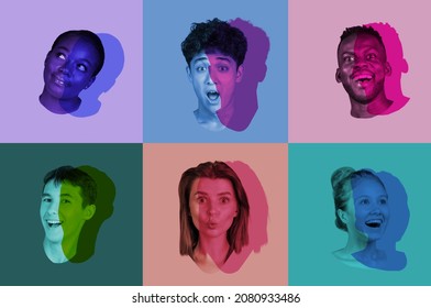 Multi Ethnic Youth. Set, Collage Of Young Male And Female Faces, Heads With Colored Silhouette, Shadow Isolated On Colored Background. Human Emotions, Split Personality, Mental Problems Concept.