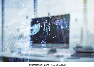 Multi exposure of abstract creative coding sketch on modern laptop background, artificial intelligence and neural networks concept