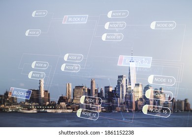 Multi exposure of abstract creative coding sketch on New York city skyline background, artificial intelligence and neural networks concept