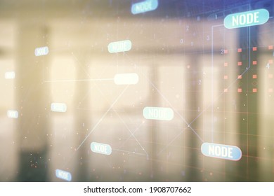 Multi exposure of abstract creative coding sketch on empty corporate office background, artificial intelligence and neural networks concept