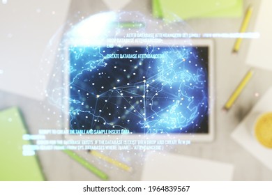Multi exposure of abstract creative coding sketch with world map and modern digital tablet on background, top view, artificial intelligence and neural networks concept - Powered by Shutterstock - Get 15% off with code: PIKWIZARD15