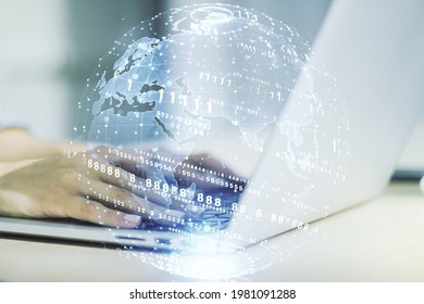 Multi exposure of abstract creative coding sketch with world map and hands typing on computer keyboard on background, artificial intelligence and neural networks concept